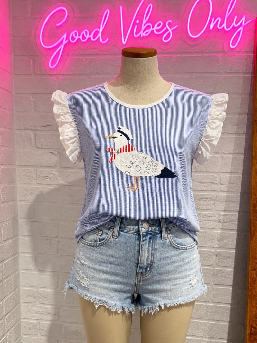 the CoCo Nautical Blouse Striped‎ Ruffle Sleeve Sailor Seagull Applique Top